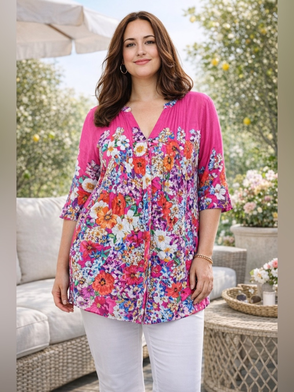 168 NWT LA Cera Floral Tunic Top 3X Pink Boho Flowy Lightweight Plus Size Blouse